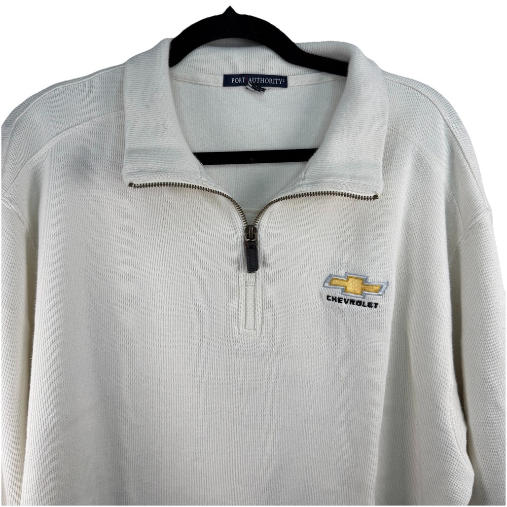 VTG‎ Port Authority Chevrolet Large Cotton Sweater Quarter Zip Cream Gold Logo